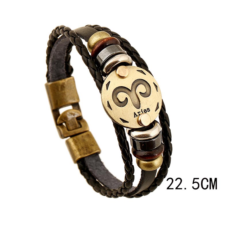 12 Constellations Zodiac Hematite Leather Charm Bracelet