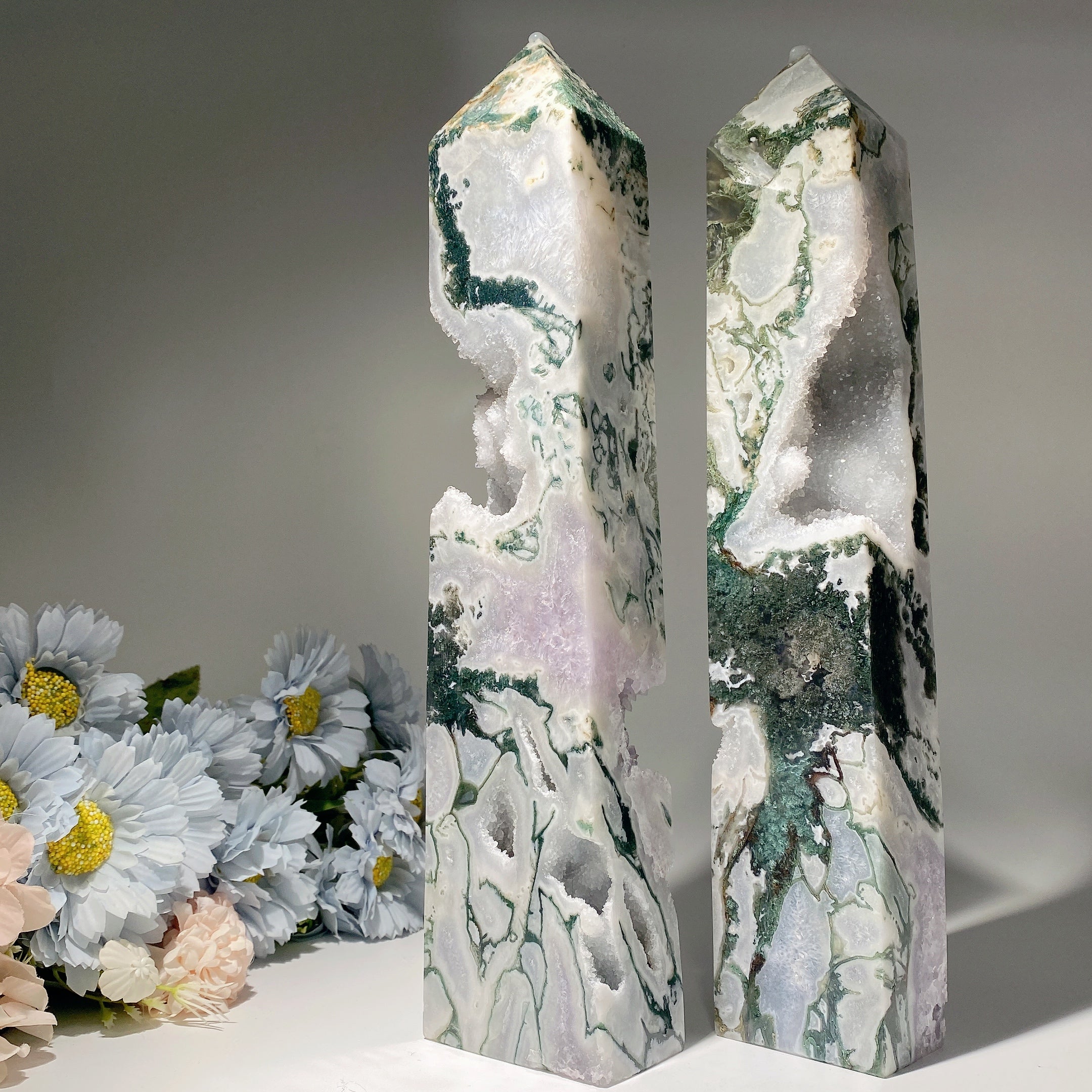 32cm Amethyst & Moss Agate Crystal Tower for Healing