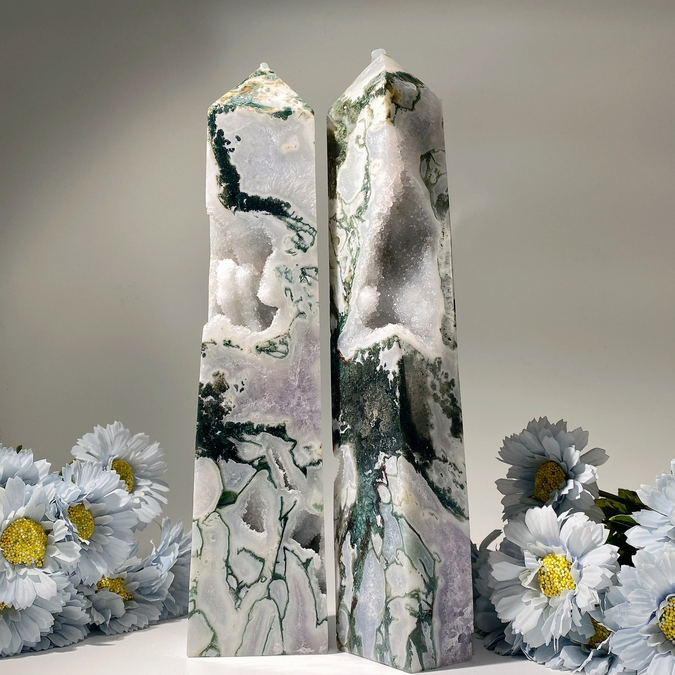 32cm Amethyst & Moss Agate Crystal Tower for Healing