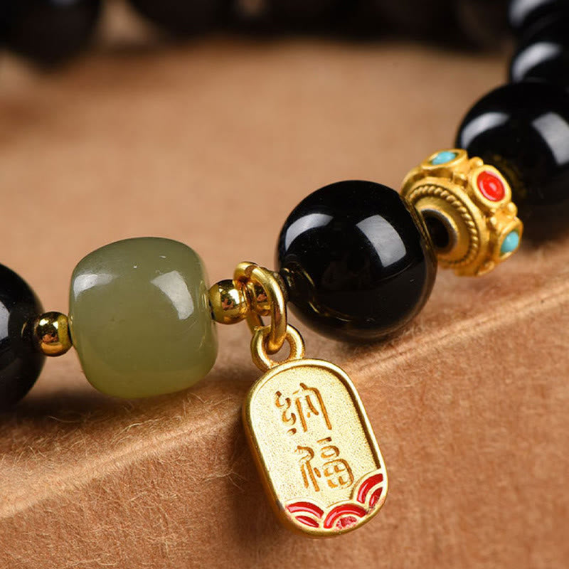 Bracelet porte-bonheur en onyx noir et jade Hetian 8 mm