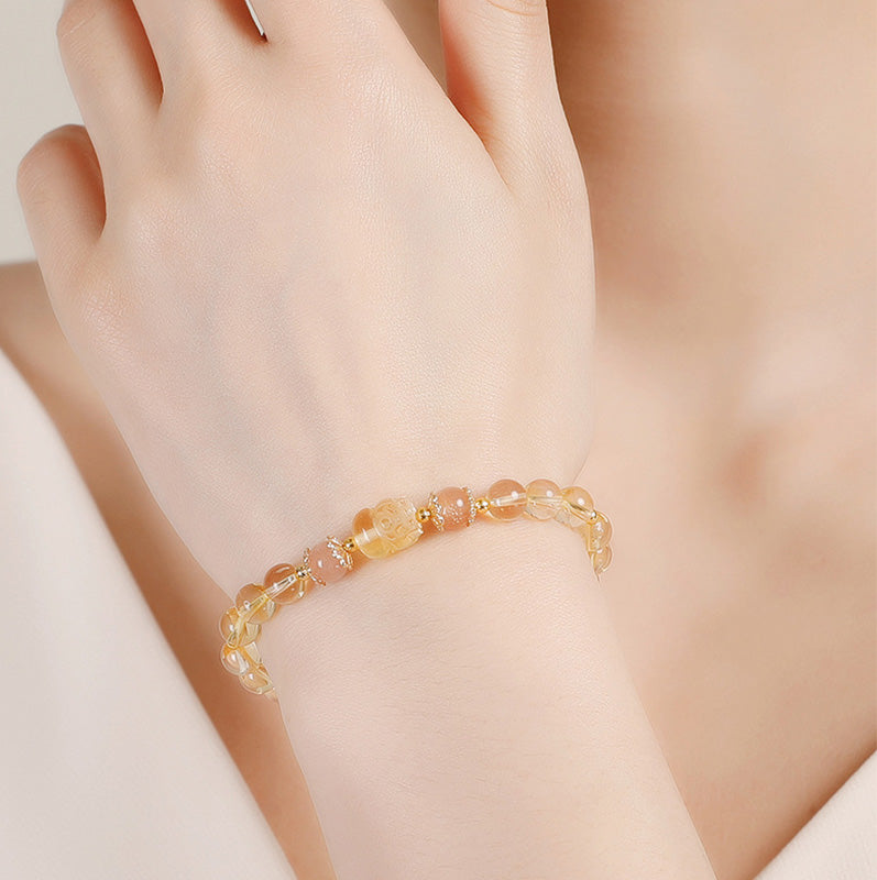 Bracelet de guérison Pixiu 6 mm avec aigue-marine, quartz fraise et améthyste