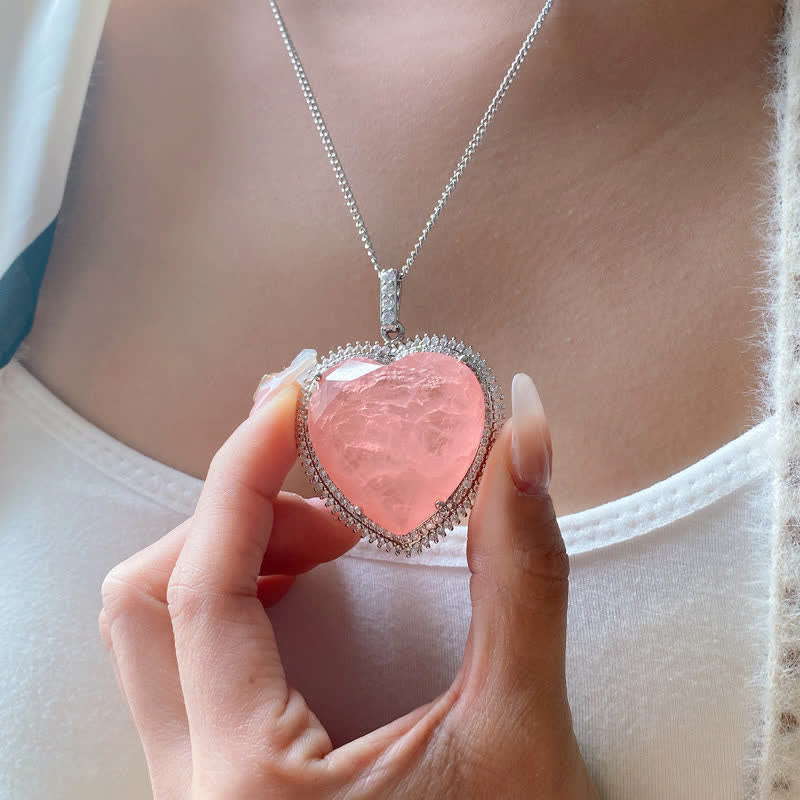 Collier cœur en quartz rose de 32 mm pour l'amour et la guérison