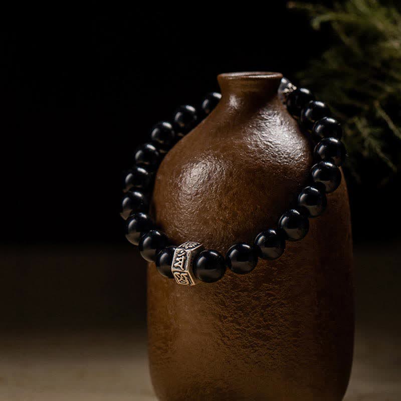 Bracelet unisexe de force du zodiaque chinois 8 mm en obsidienne et pierre de lune