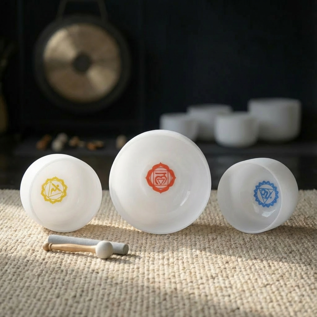 Ensemble de 3 bols chantants en cristal avec symboles de chakra 8"G 10"E 12"C