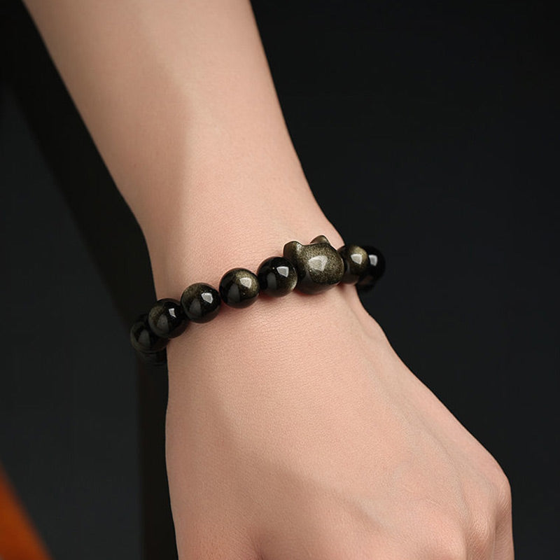 Gold Sheen Obsidian Lucky Cat Protection Bracelet
