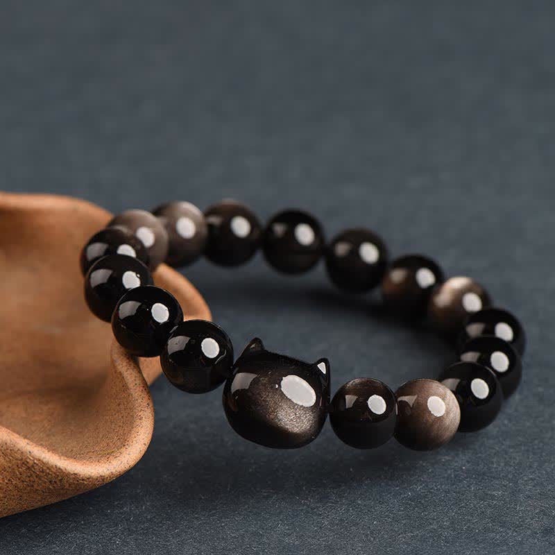 8mm Gold Sheen Obsidian Protection Bracelet with Lucky Cat Paw