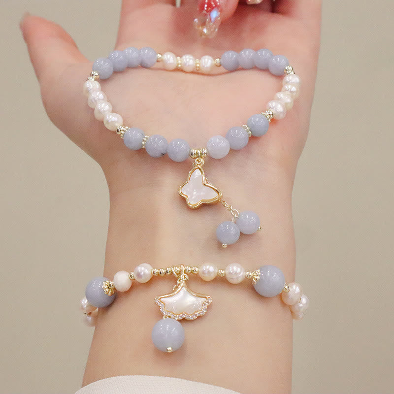 Aquamarine Pearl Healing Bracelet | Ginkgo Leaf & Butterfly Charm