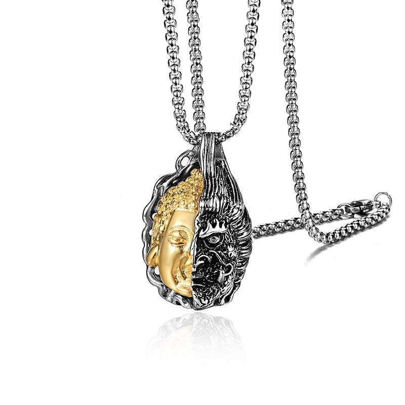 Collier unisexe en acier titane mi-bouddha mi-diable