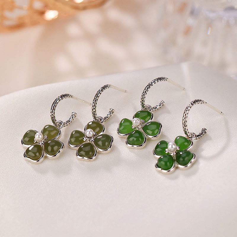Boucles d'oreilles porte-bonheur en argent sterling 925 et jade cyan, trèfle à quatre feuilles