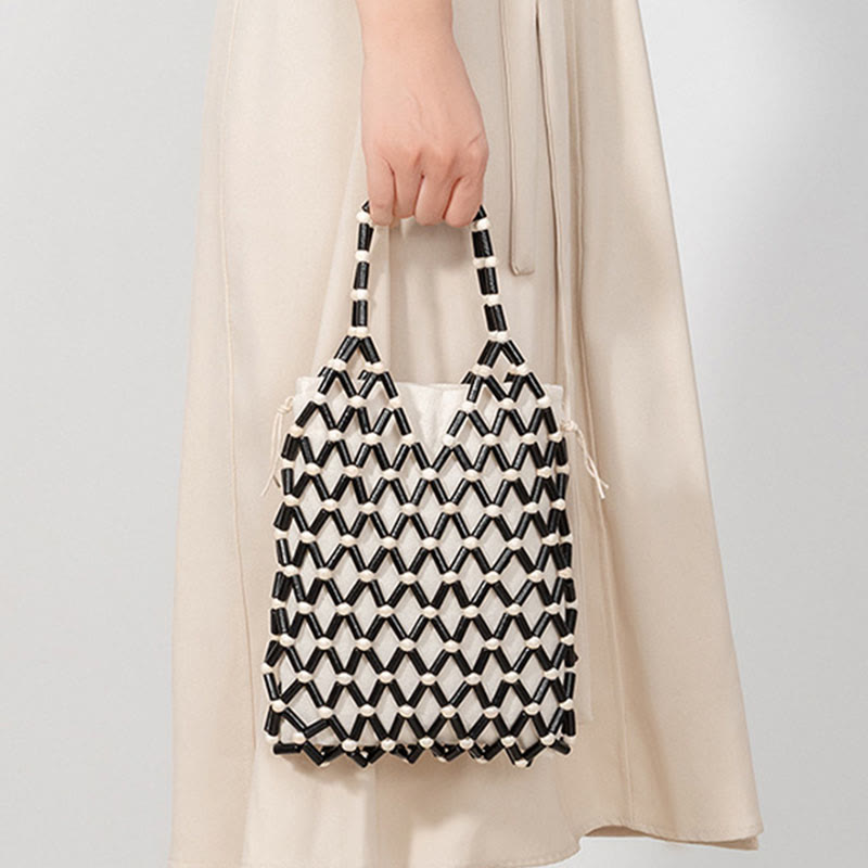 Sac en maille tissée à la main avec perles creuses en bois | Bijoux spirituels