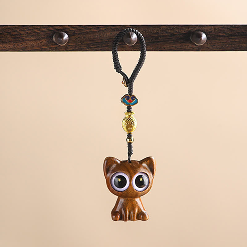 Porte-clés décoratif en forme de chat porte-bonheur en bois de santal vert