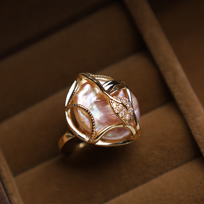 Adjustable Pearl Copper Plated Gold Flower Ring for Wealth & Happiness
