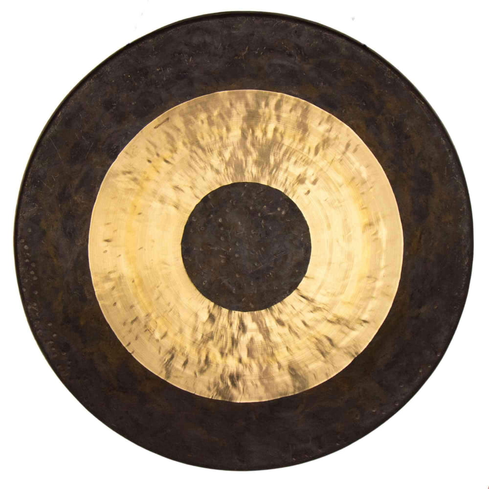 Traditional Chinese gong in black and gold with concentric circles and beater included