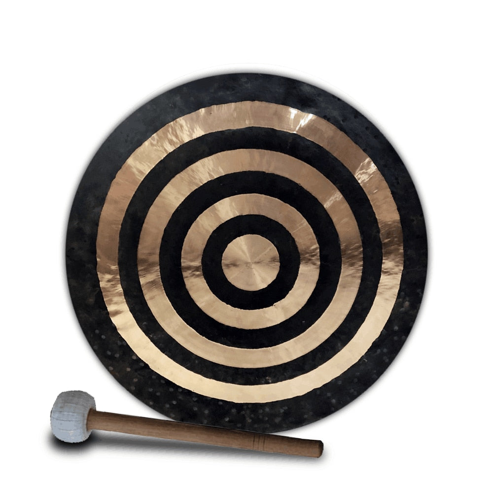 38 Inch Chinese Gong Instrument with concentric bronze rings and wooden mallet