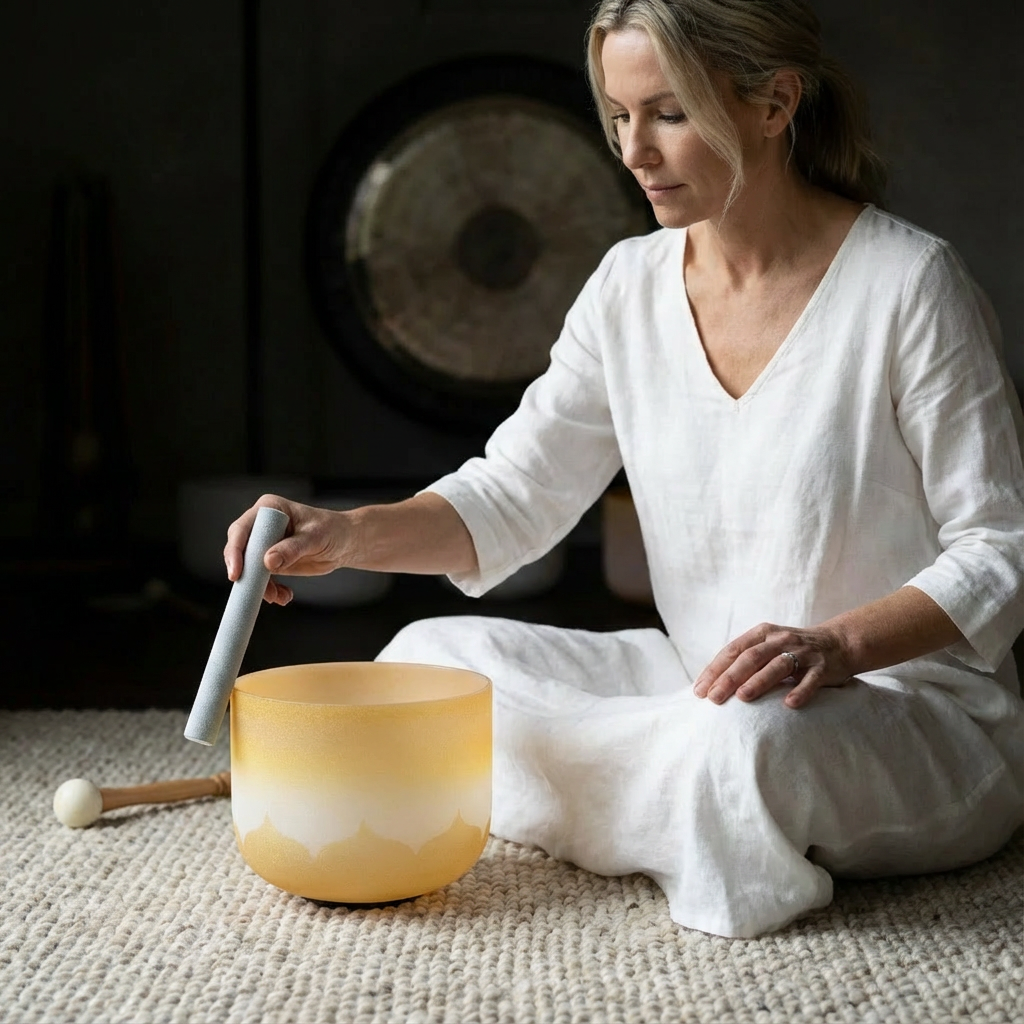 Bol chantant en cristal à motif de lotus doré de 8 po