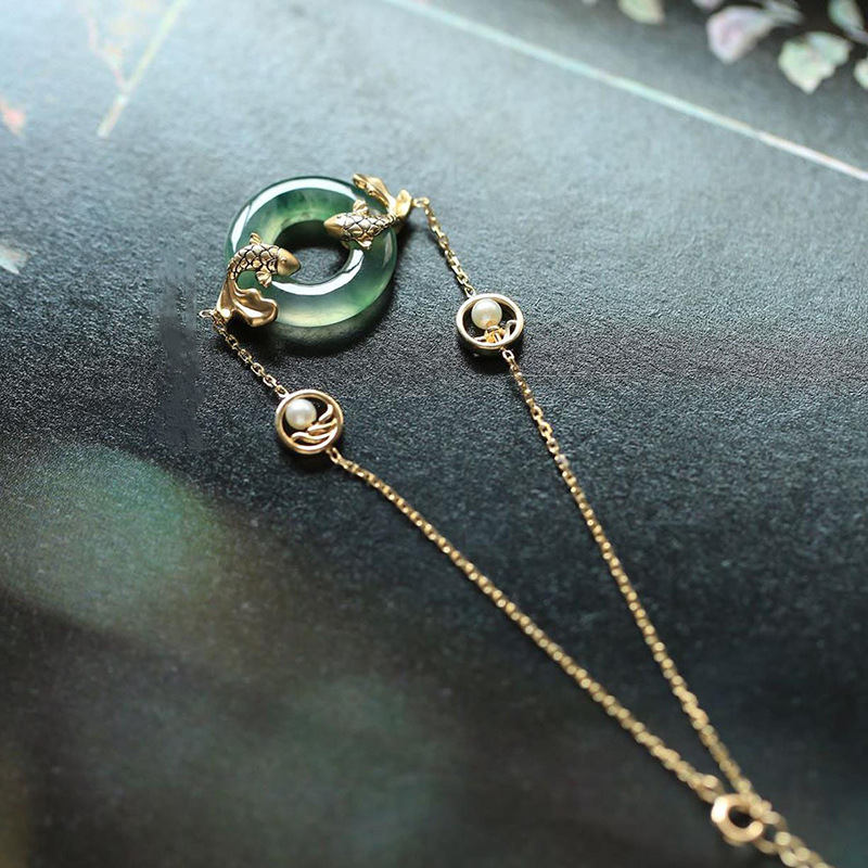 Bracelet d'harmonie et de guérison en jade cyan et poisson koï