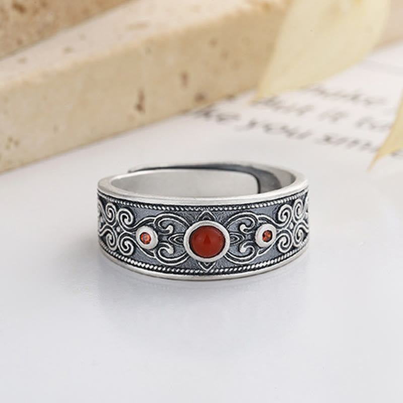 Bague ajustable en argent sterling 925 avec agate rouge | Pensée logique