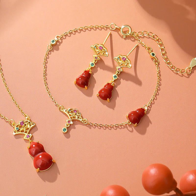 925 Sterling Silver Red Agate Confidence Bracelet Necklace Earrings Set