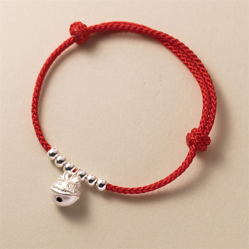 925 Sterling Silver Dragon Carved Success Bracelet with Red Rope Protection