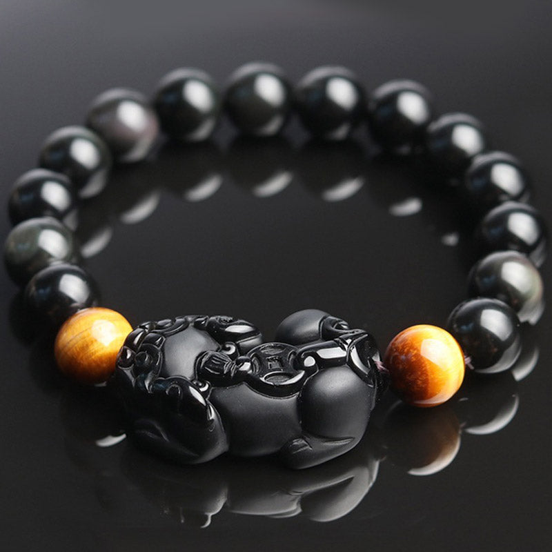 10mm Pixiu Bracelet with Rainbow Obsidian & Tiger Eye for Wealth