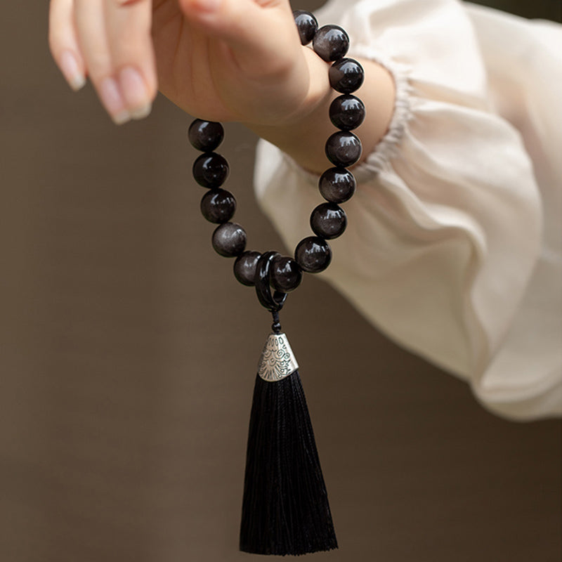 Mala de poignet en obsidienne argentée de 16 mm pour la protection et la sagesse