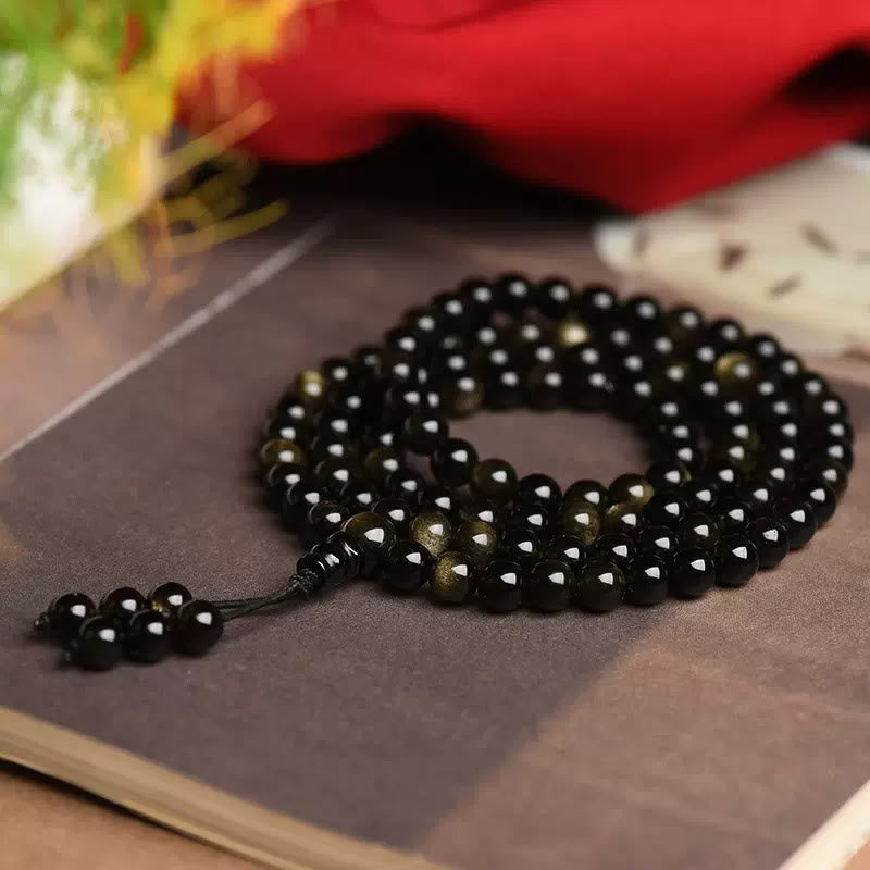 Bracelet Mala Richesse 108 Perles en Obsidienne Dorée