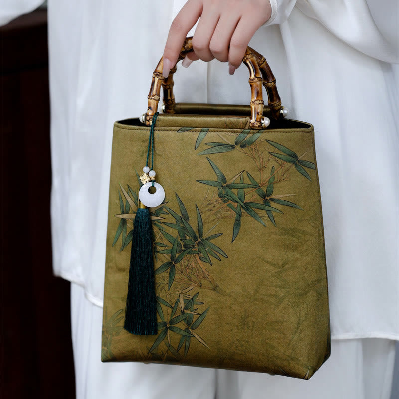 Sac à main en bambou avec motif papillon et poisson koï et poignées en jade