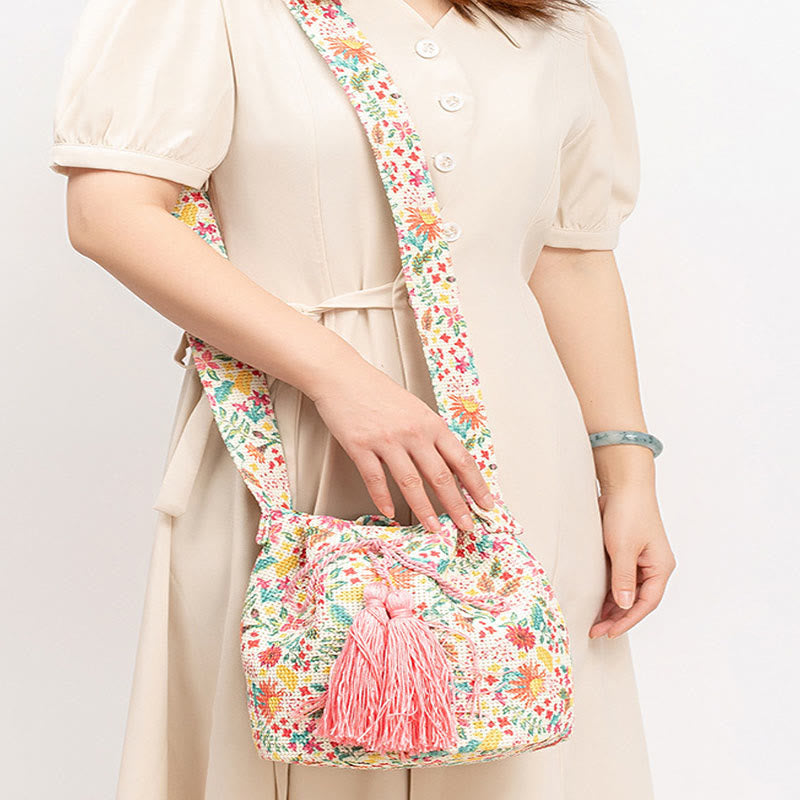 Colorful Canvas Bucket Bag with Geometry Flowers Print