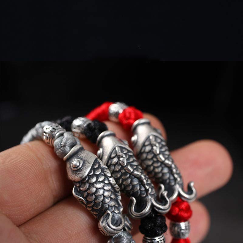 Bracelet poisson koï en argent sterling avec cordon tressé rouge