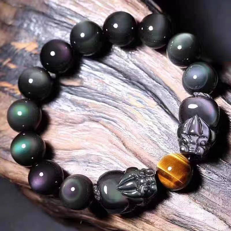 8mm Rainbow Obsidian Pixiu Feng Shui Grounding Bracelet