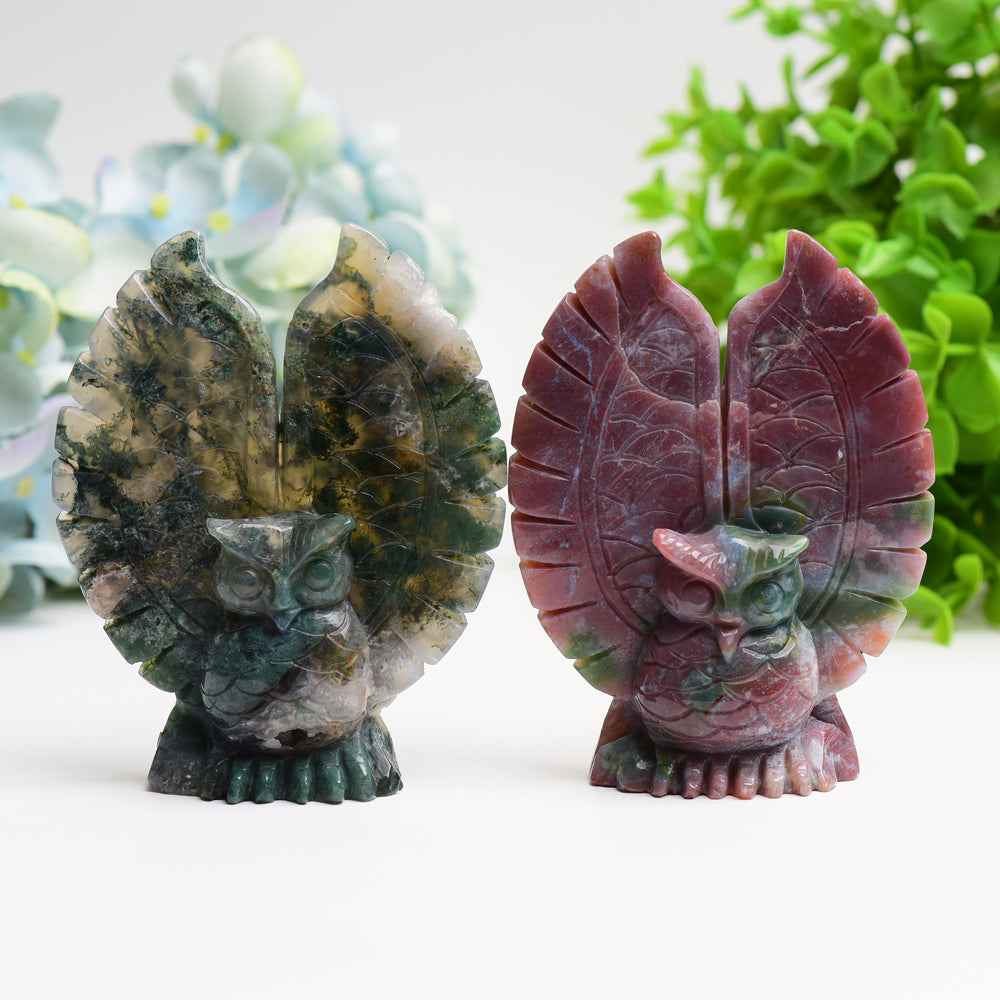 Sculpture de hibou guérisseur en jaspe océanique et agate mousse de 11,4 cm