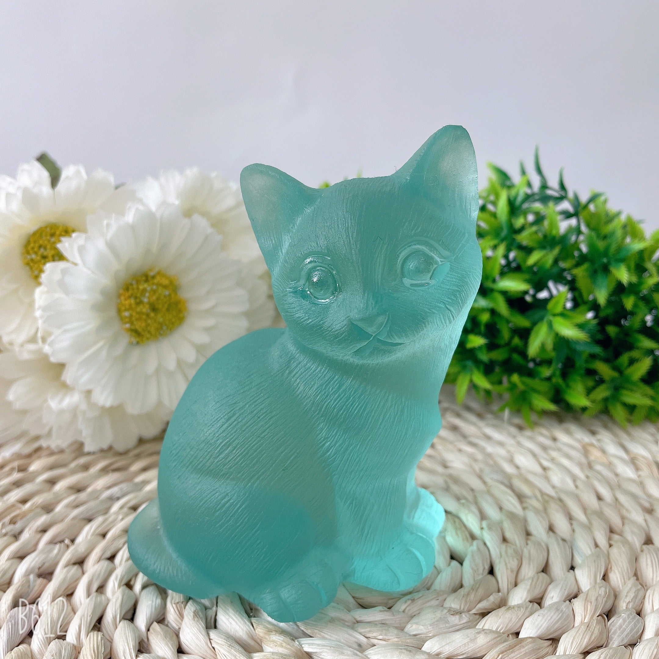 Figurine de chat en cristal de verre bleu aqua de 4,7 pouces