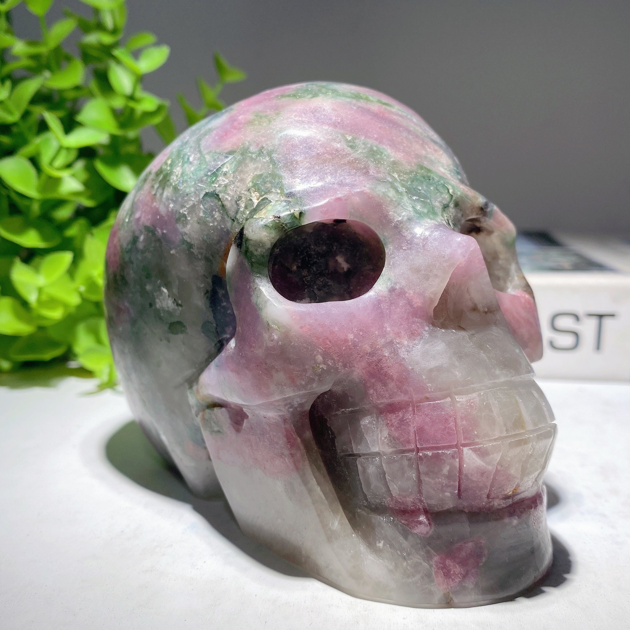 4.8 Inch Pink Green Tourmaline Crystal Skull Carving