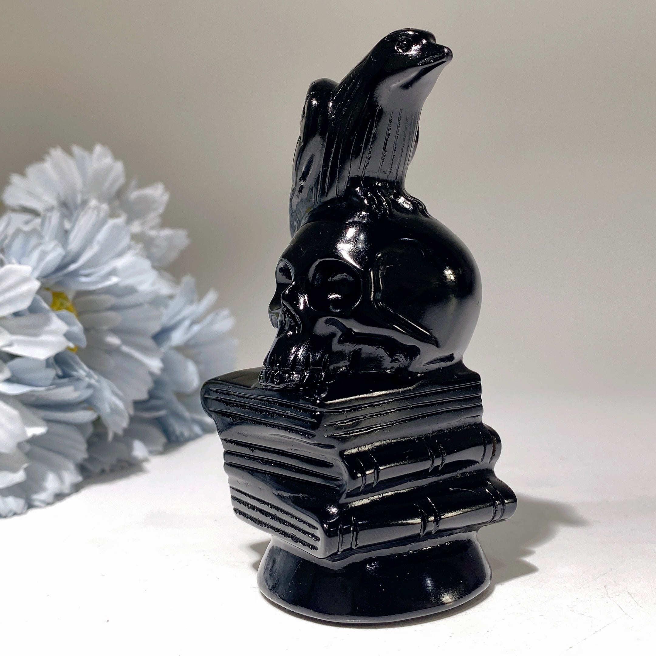 4-Inch Black Obsidian Skull with Raven on Book Figurine