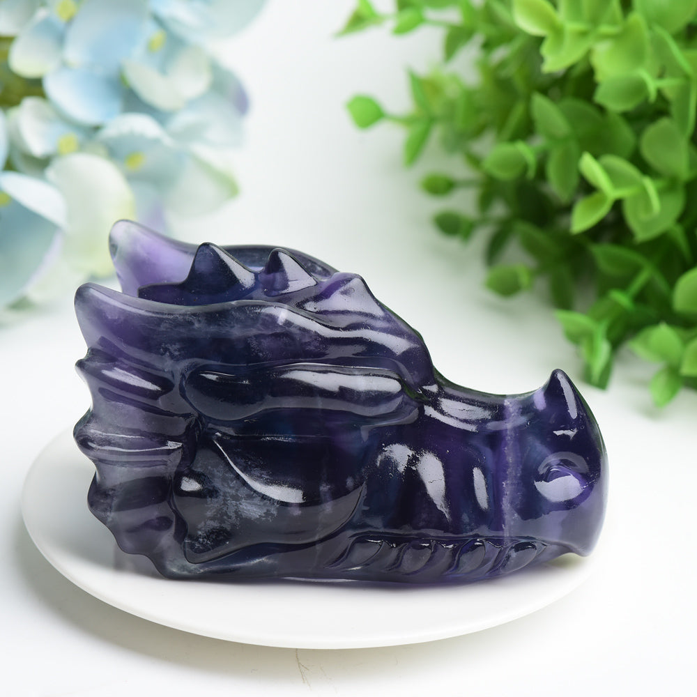 Pierre de guérison sculptée en cristal de tête de dragon en fluorite de 4 pouces