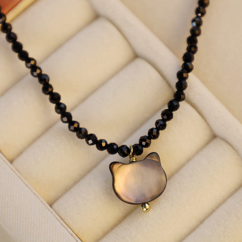 Collier ras du cou motif chat spinelle noir 38 cm