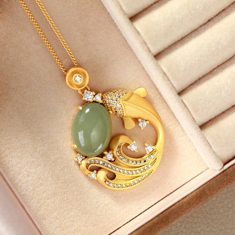 Collier de guérison en jade cyan avec poisson koï 40+5 cm unisexe