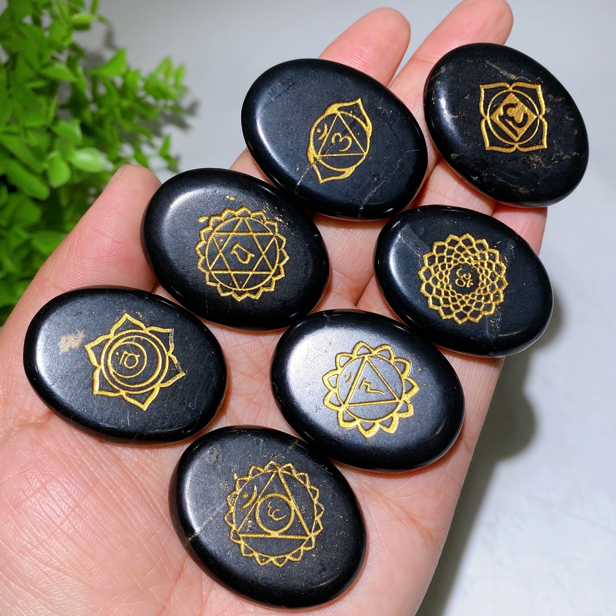 Ensemble de spécimens de cristal de rune de chakra de shungite de 40 mm