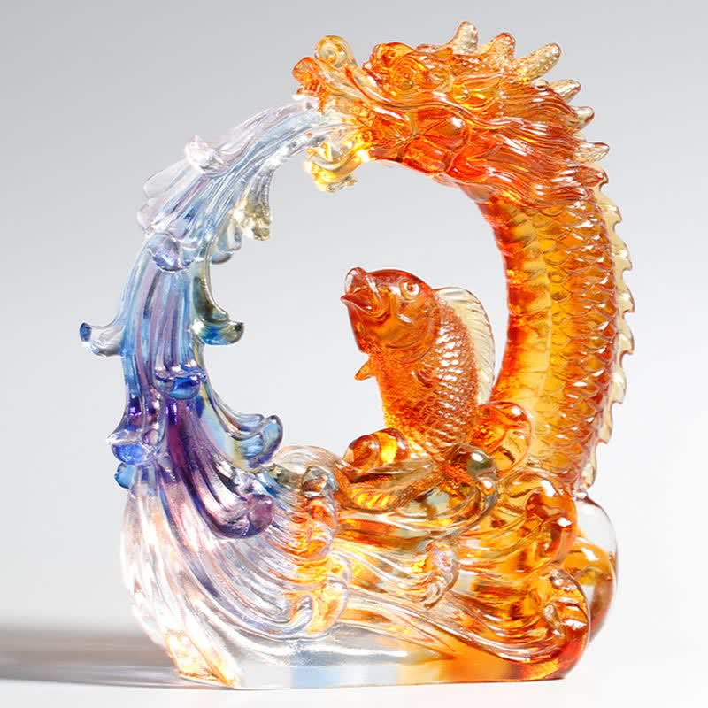 Handmade Feng Shui Liuli Dragon Koi Fish Crystal Art