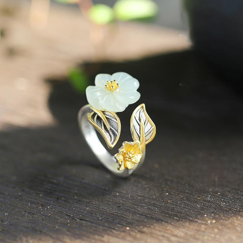 Bague porte-bonheur unisexe en jade blanc avec fleur de prunier en cuivre plaqué argent 925