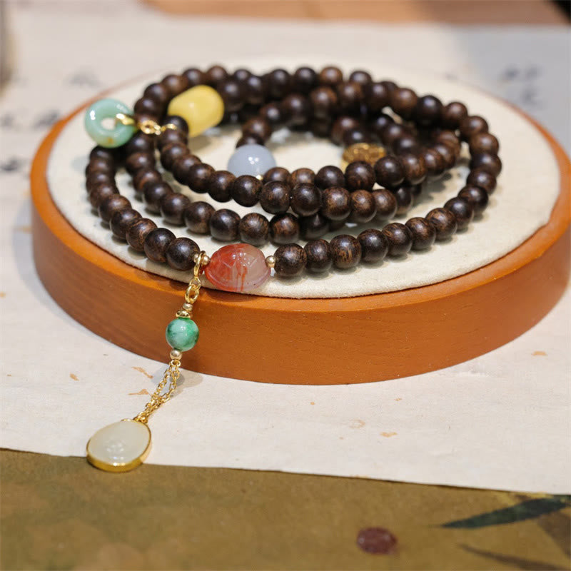 108 Agarwood Amber Red Agate Peace Buckle Jade Wood Mala Bracelet