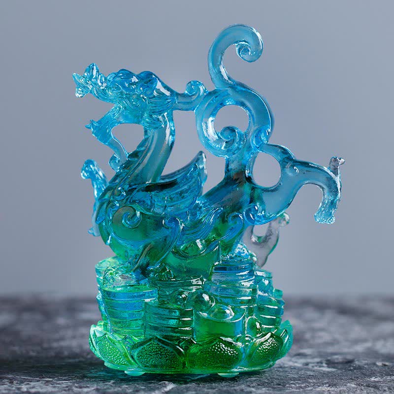 Statue Dragon Azur Liuli Feng Shui faite à la main 11 cm