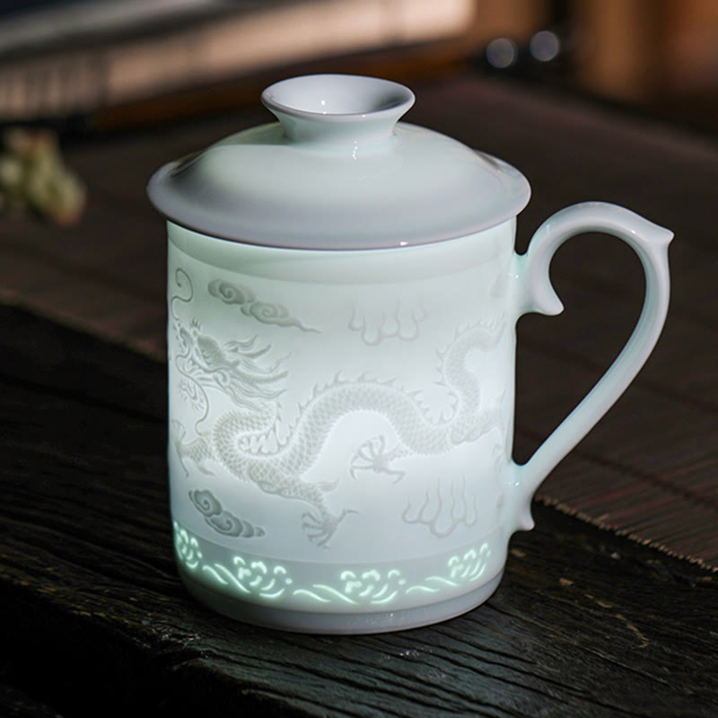 Tasse à thé zen en porcelaine de Jingdezhen, 420 ml, motif dragon et phénix