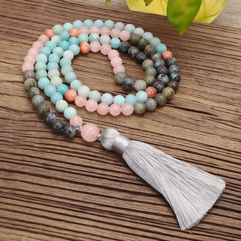 Bracelet Mala 108 perles en amazonite et pierres précieuses noires scintillantes