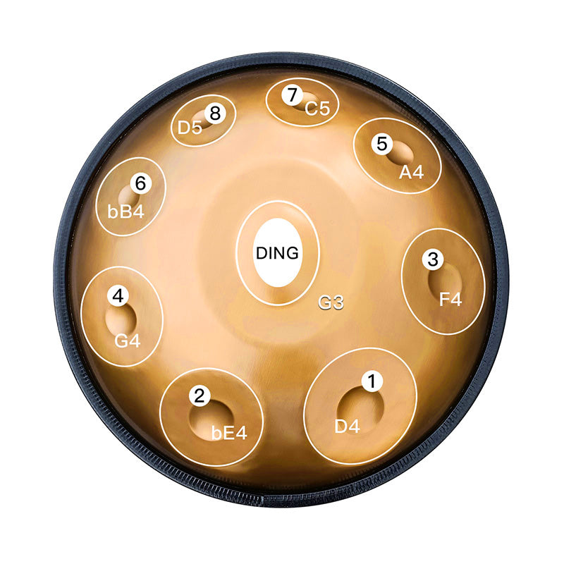 432 Hz G Minor Handpan Drum featuring numbered tone fields for meditation and relaxation