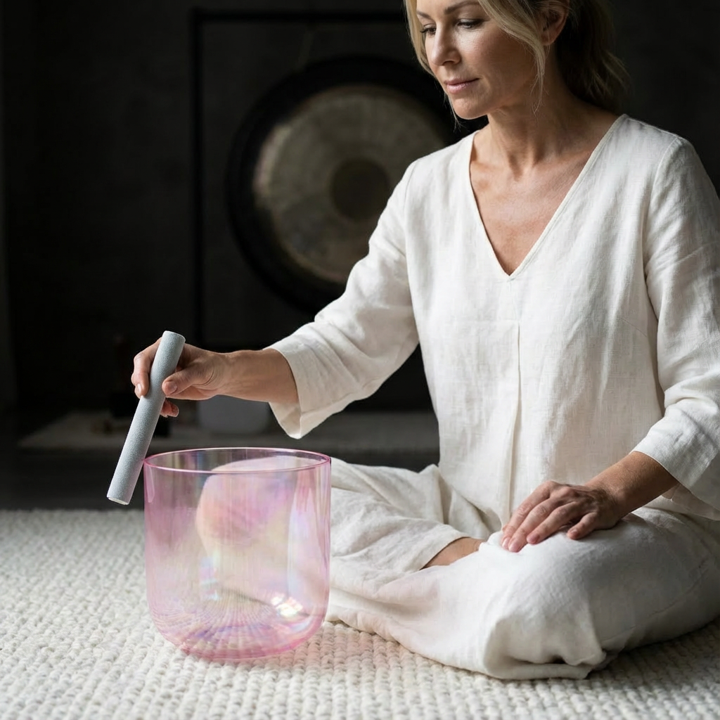 Bol chantant en cristal rose clair Alchemy Cosmic Light 432 Hz avec sac