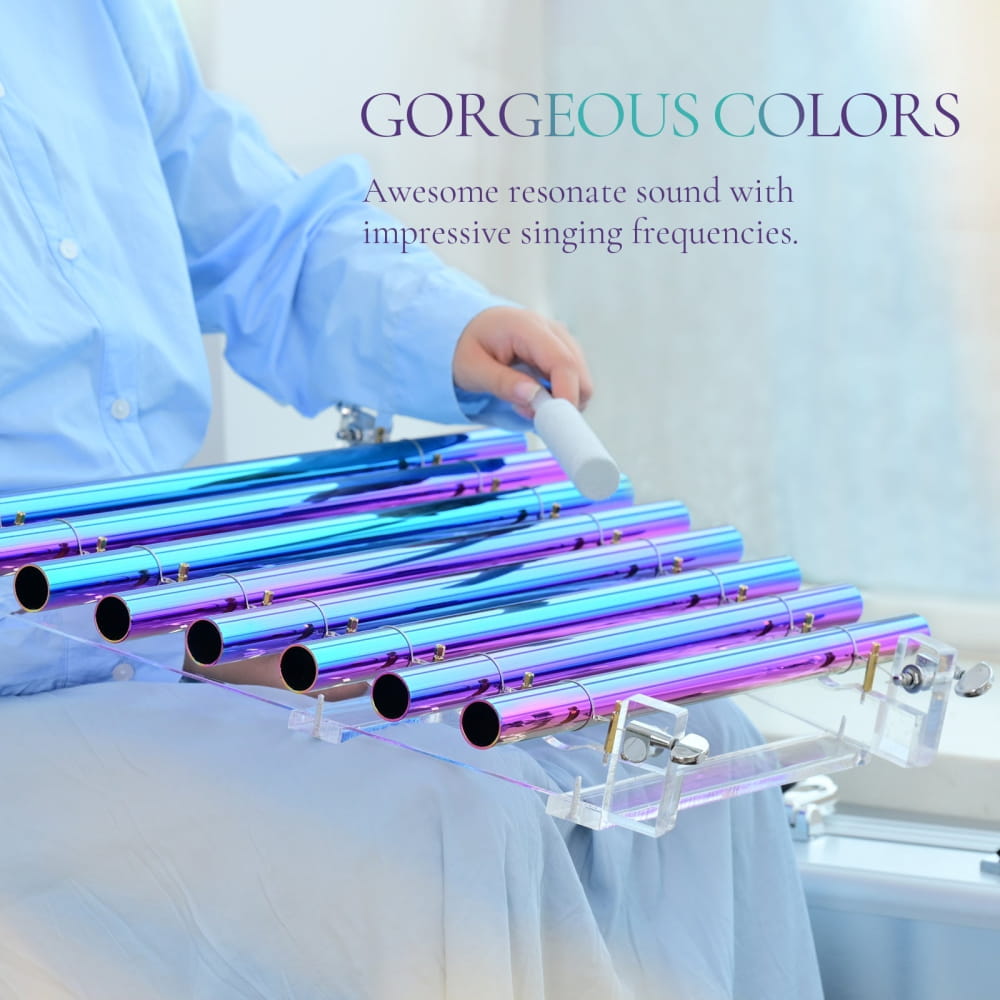 Iridescent metallic xylophone with blue and purple tubes for 432Hz Aurora Realm Harp
