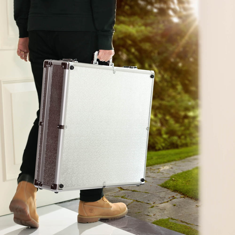 Silver aluminum briefcase with metal corners for 432Hz Aurora Realm Singing Harp