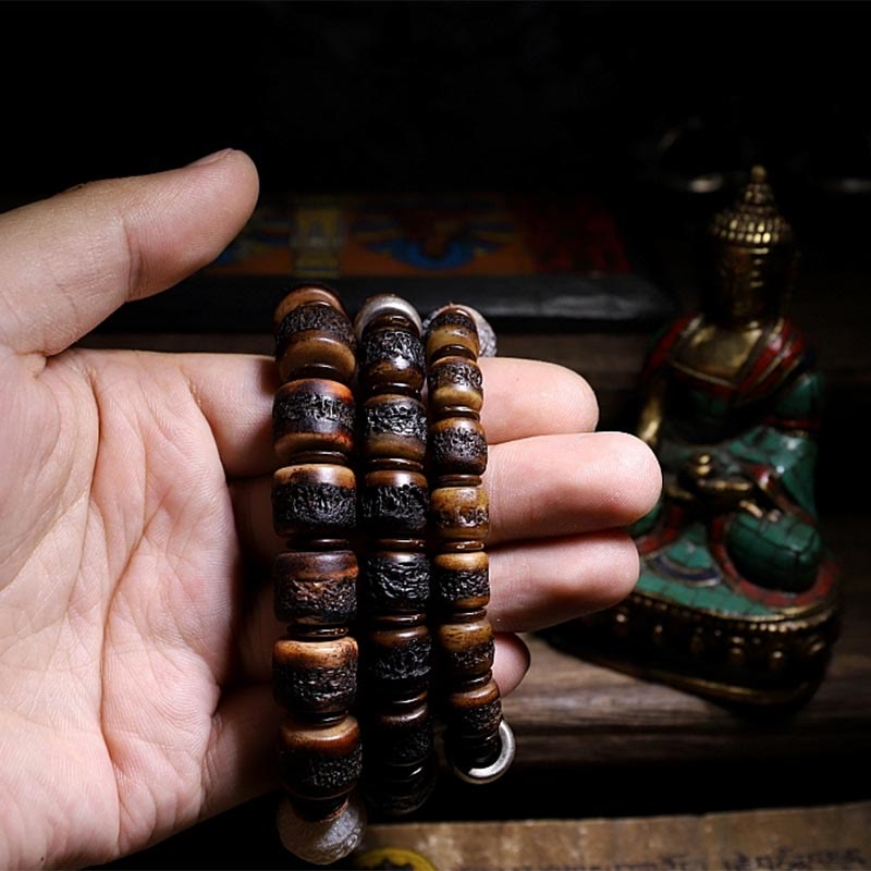 Bracelet en argent sterling avec os de yak et signe du zodiaque chinois, épaisseur 14 mm