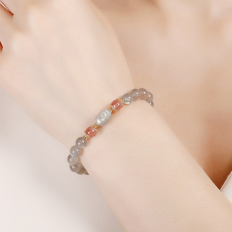 Bracelet de guérison Pixiu 6 mm avec aigue-marine, quartz fraise et améthyste